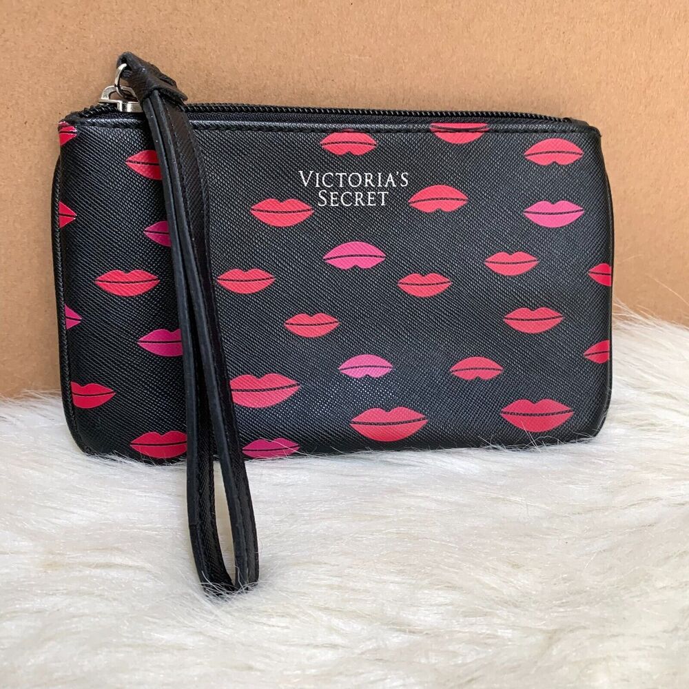 VICTORIA'S SECRET Black Faux Leather Wristlet with Pink & Red Lipstick Love Kiss - Picture 13 of 15